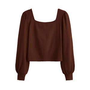 Women's Square Neck Bishop Sleeve Ribbed Knit Tee Shirt Top Brown